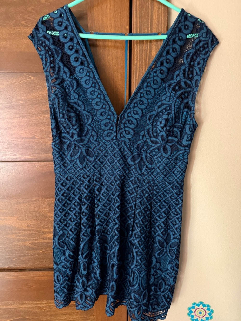 Free People teal mini dress with copper nameplate
